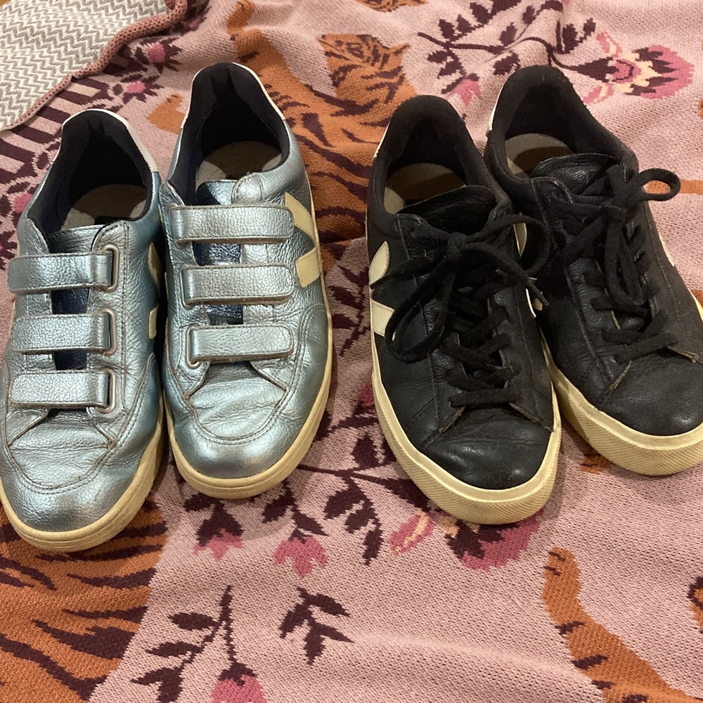 Veja 2 pairs, Black Leather & Blue Metallic Sneakers Size 8